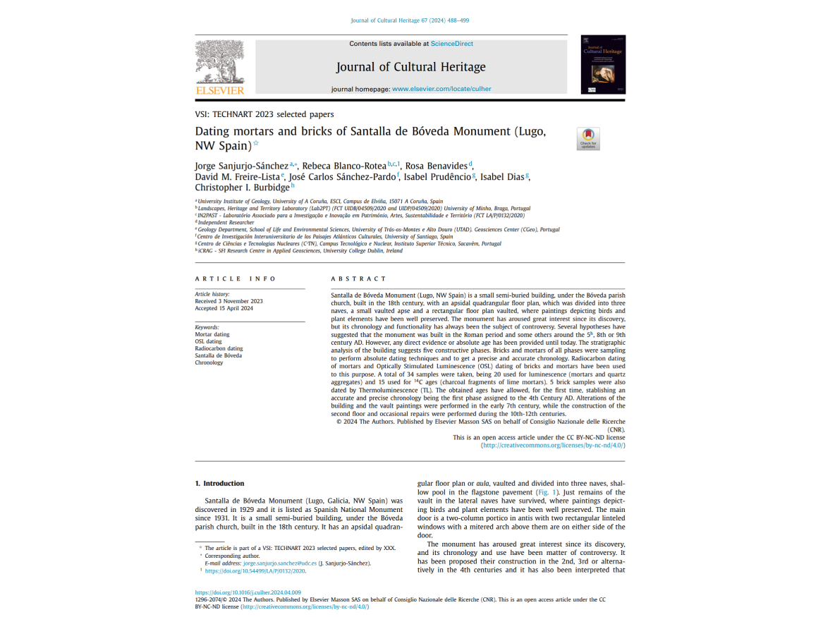 Publication of the article "Dating of mortars and bricks of Santalla de Bóveda (Lugo, NW Spain), with Rebeca Blanco-Rotea in co-authorship image