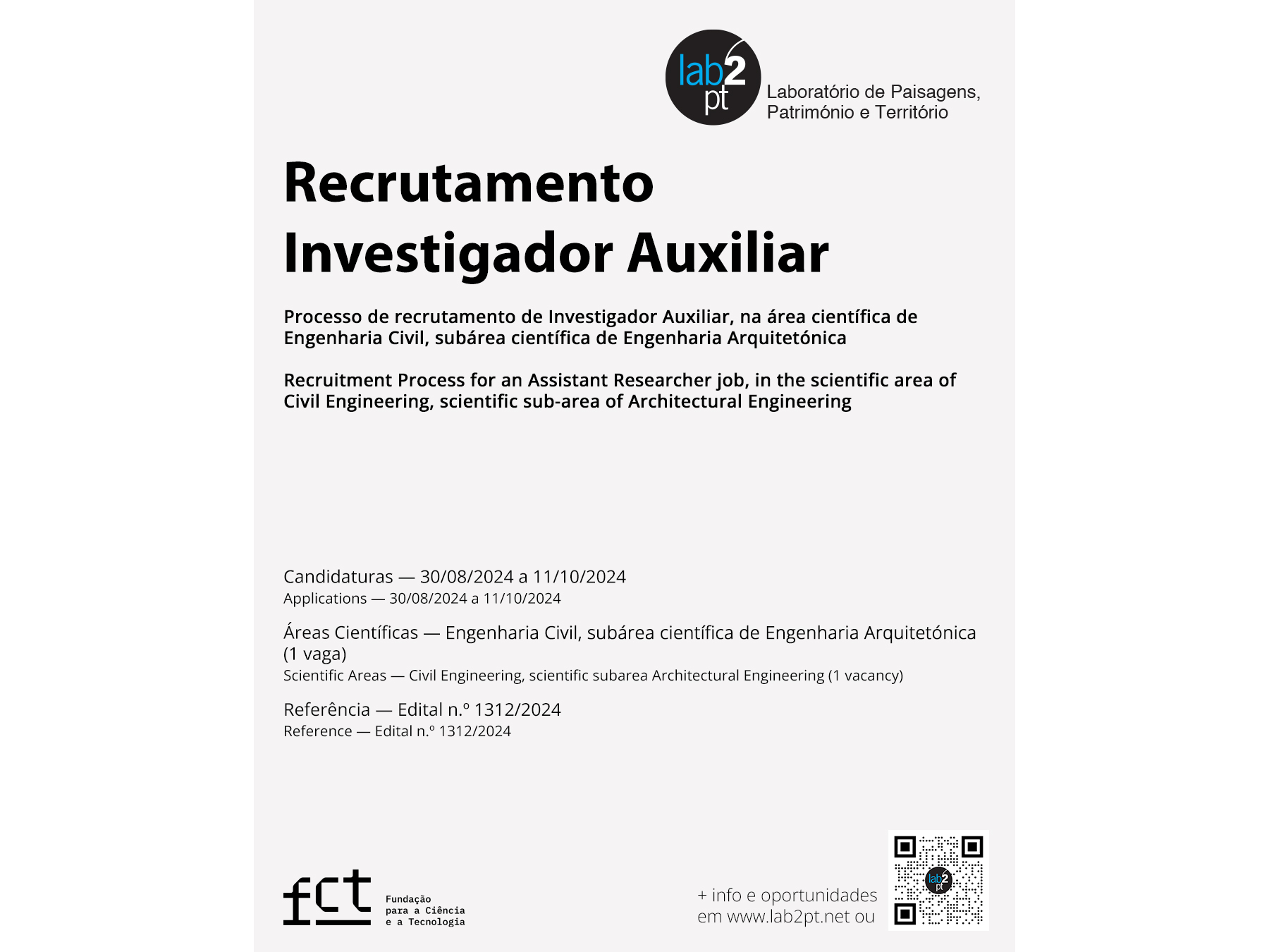 International competition, for the recruitment of Assistant Researcher, in the scientific area of ​​Civil Engineering, scientific subarea Architectural Engineering image