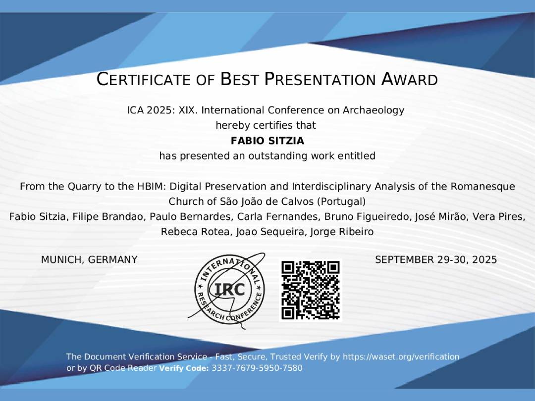 Prémio de Melhor Apresentação na ICA 2025 | Projeto exploratório "A igreja rural de estilo românico de Portugal: Um primeiro passo para a digitalização completa pelo Heritage-BIM. O caso de S. João de Calvos (Guimarães, séc. XIII d.C.) image